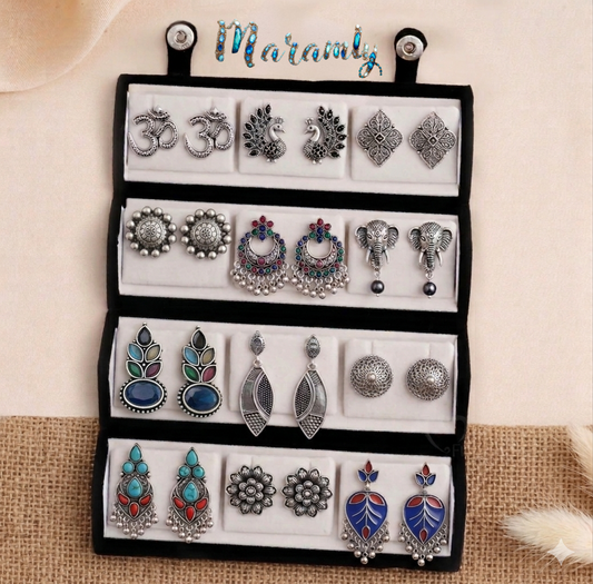 Set of 12 Designer Oxidized Earrings + Folding Jewelry Box
