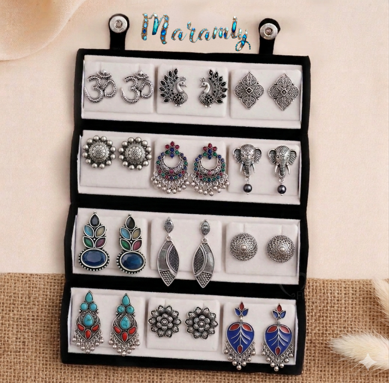 Set of 12 Designer Oxidized Earrings + Folding Jewelry Box